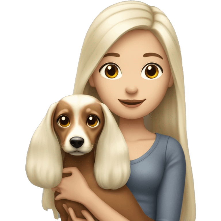 White long hair brunette girl holding blonde doxie emoji