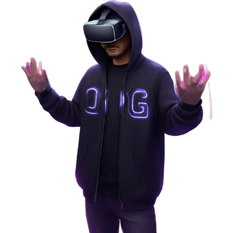 Russian man wearing a black hoodie with "OMG" letters on it and VR headset in a cyberpunk VR environment with violet neon lighting. emoji