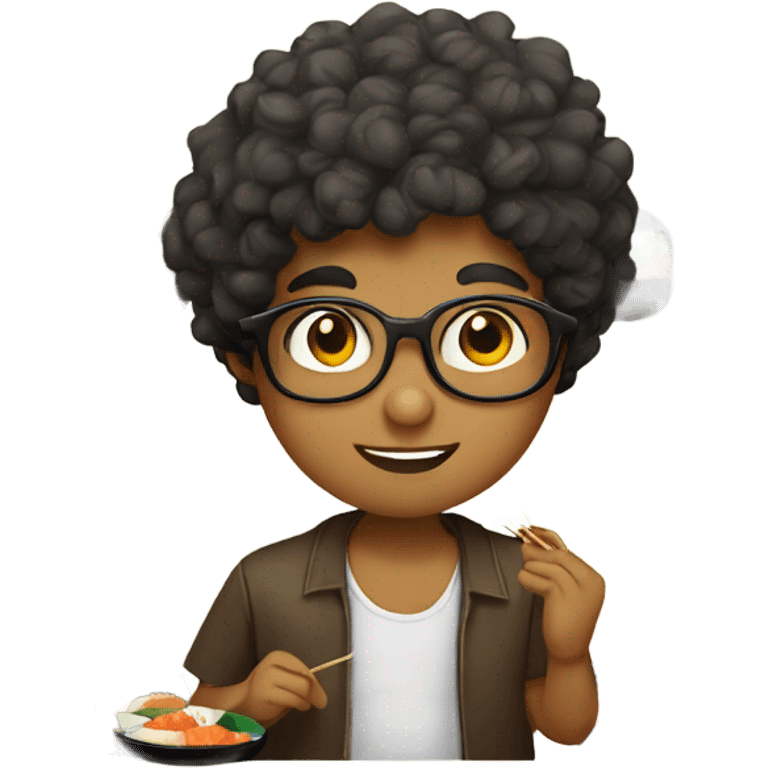 curly short haired indian boy with glasses eating sushi emoji