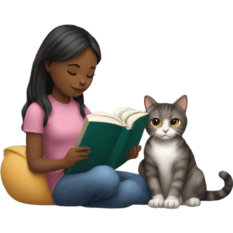 a girl reading a book and a cat emoji