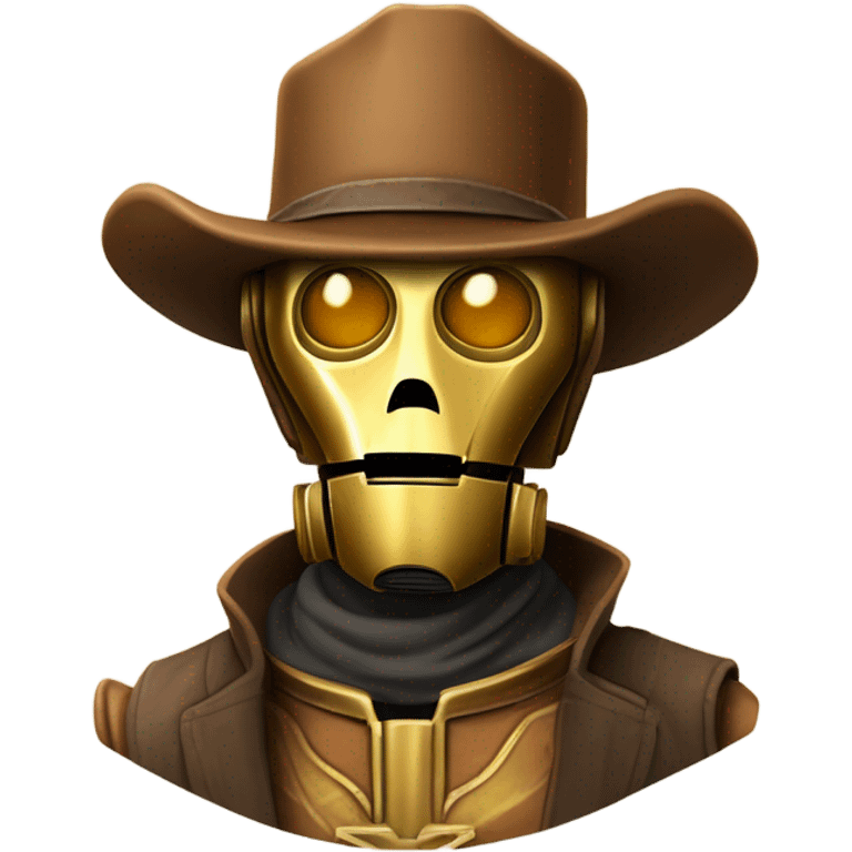 human-sized wild west Bounty hunter cowboy C3po wearing a small hat relaxed pose bearded rusty emoji