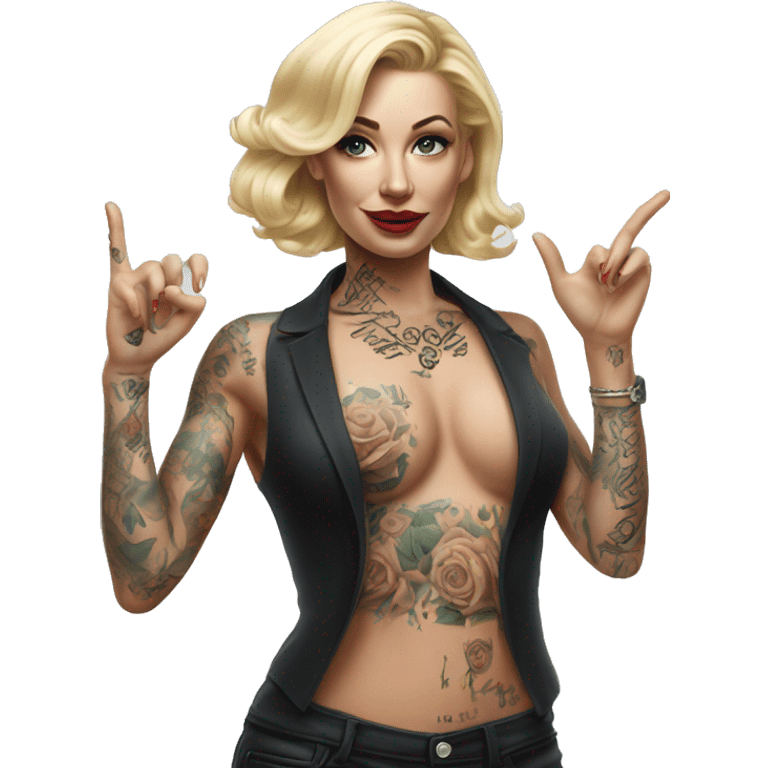 Blonde elegant women, her Body Covered with Tattoos, POINTING YOU with her HAND , Hyper realistic emoji