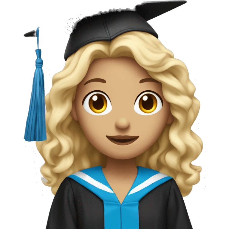 blonde girl wearing blue graduation cap with long curly black hair emoji