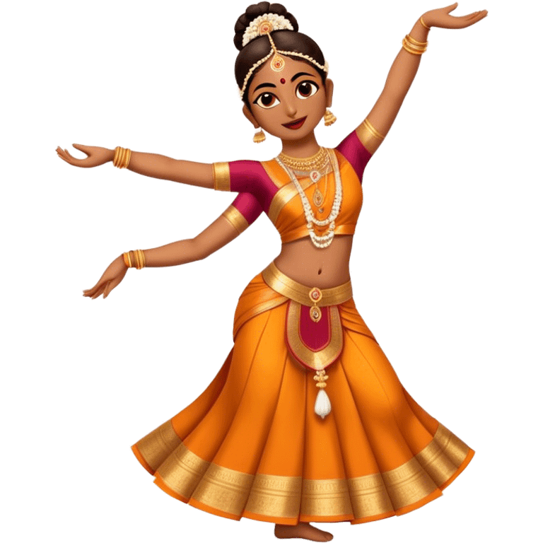 Cinematic Realistic Bharatanatyam Dance Emoji, depicted as an elegant classical Indian dance performance with graceful poses, intricate costumes, and expressive hand gestures, rendered with rich textures and warm dramatic lighting that captures its timeless beauty. emoji