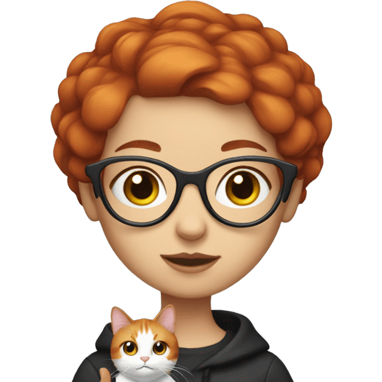 White Red head girl with glasses holding calico cat emoji