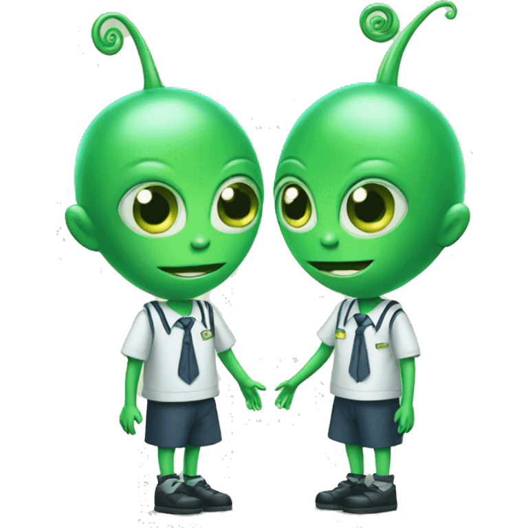 Two green aliens Talking to each other dressed in school uniform emoji