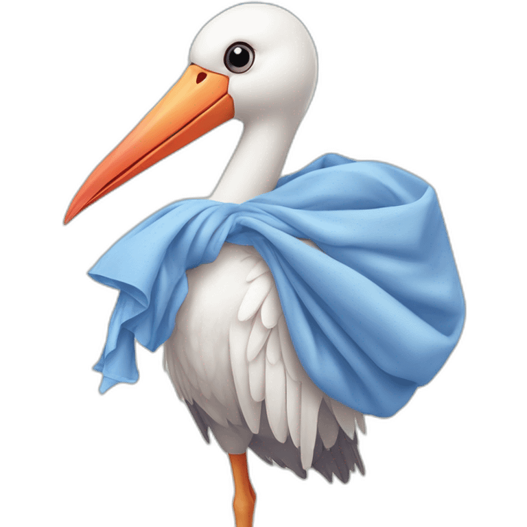 White stork carrying a blue bundle of cloth in the beak that has a human person cute baby human in it and the human baby head is peeking from the fabric the strok is carrying in its beak emoji