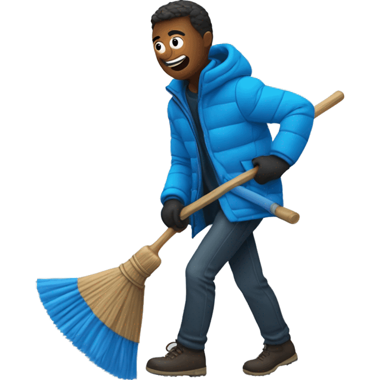 a man wearing a blue puffer jacket holding a broom running from a knife emoji