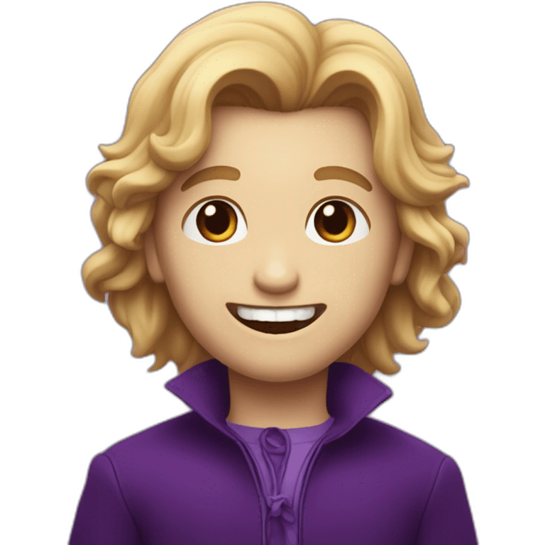 Un garçon qui sourit avec des dents de vampire les cheveux violets emoji