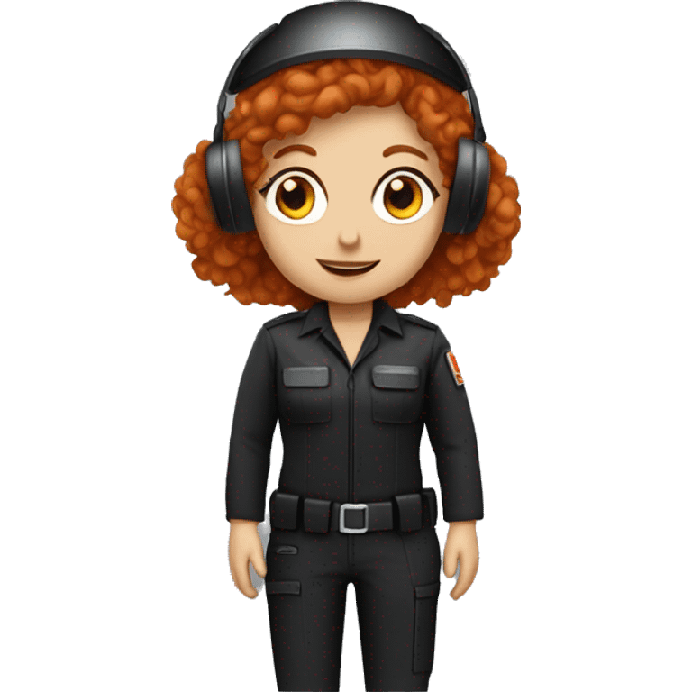 operator dressed in black with a milatary helmet, without glasses, wearing a headset, ready to respond to alerts, preferably curly redhead female  emoji