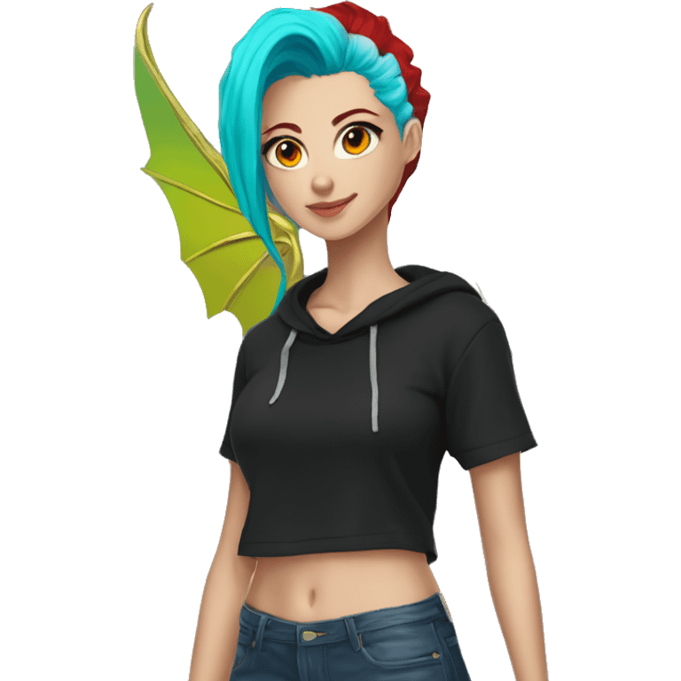 Lady with brunette and iridescent blue hair, gold, lime green dragon wings, black hoodie, bleach dyed, black and gold Nike t shirt, and bright red eyes emoji