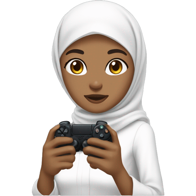 a dark olive skinned woman wearing hijab with white hijab and white long formal clothes. with black eye and big eye small nose small mouth with a bit long chin . with her nephew and niece . holding a controller playstation. emoji