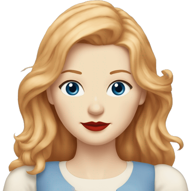 Kirsten Dunst, long red hair, blue eyes, pale skin, red lipstick, white t-shirt, beige skirt emoji