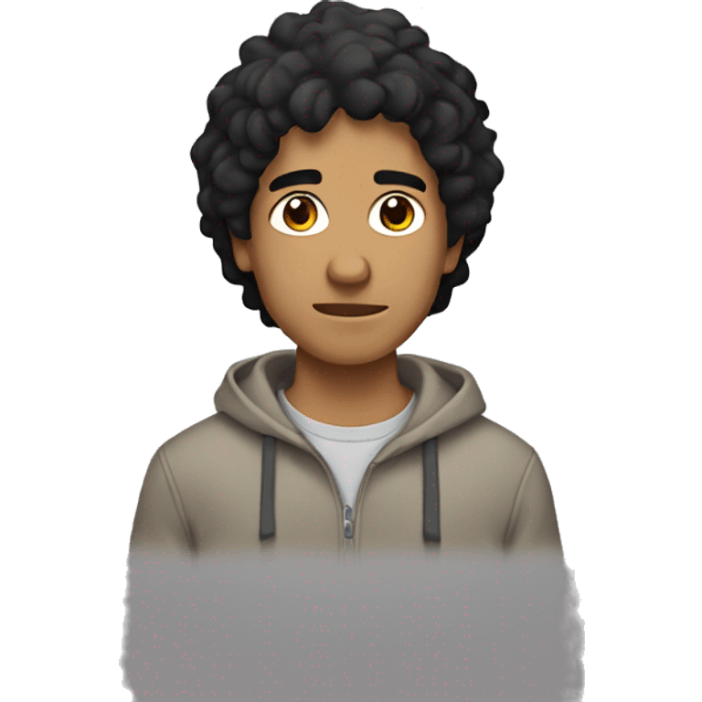 Guy with shaggy black hair, tan skin, gray hoodie emoji