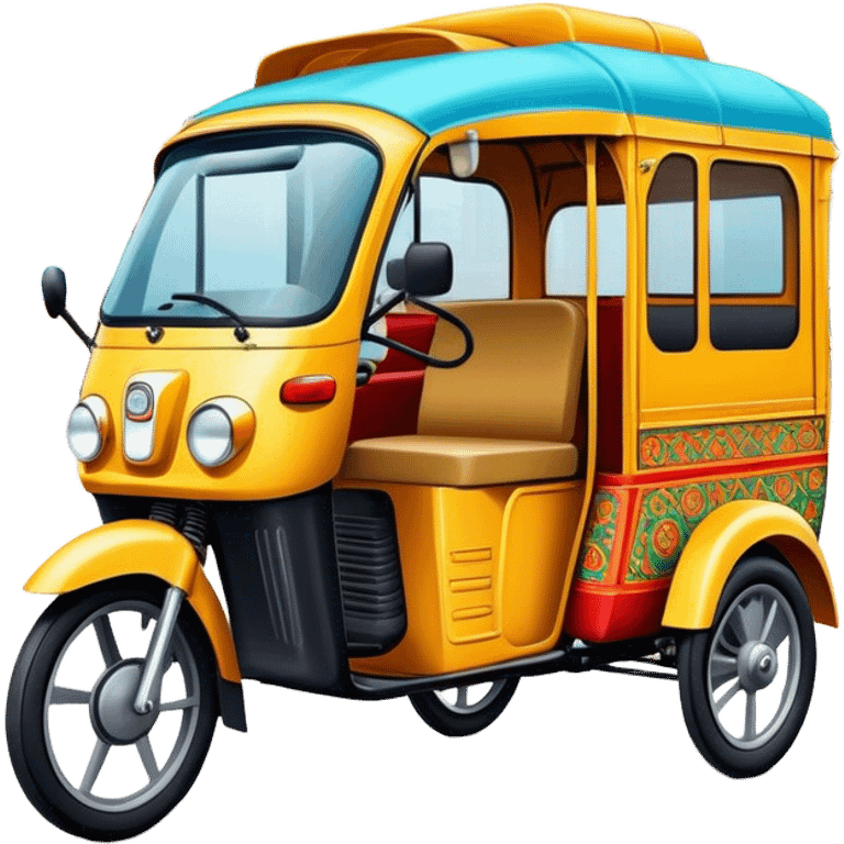 Cinematic Realistic image of a colorful auto rickshaw, rendered with detailed textures and lively, bold hues, set on a bustling urban street with dynamic, vibrant lighting that emphasizes its iconic role emoji