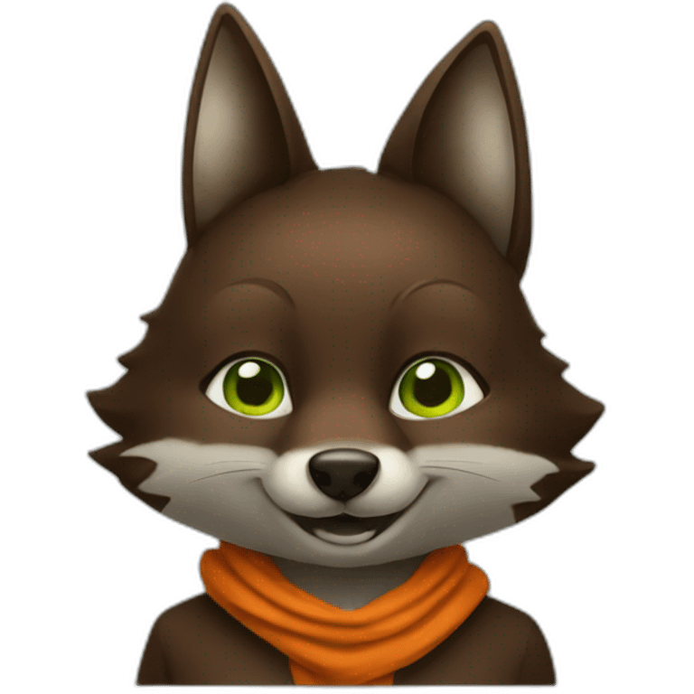 a small dark brown fox with orange eyes with a dark green hood that smile emoji