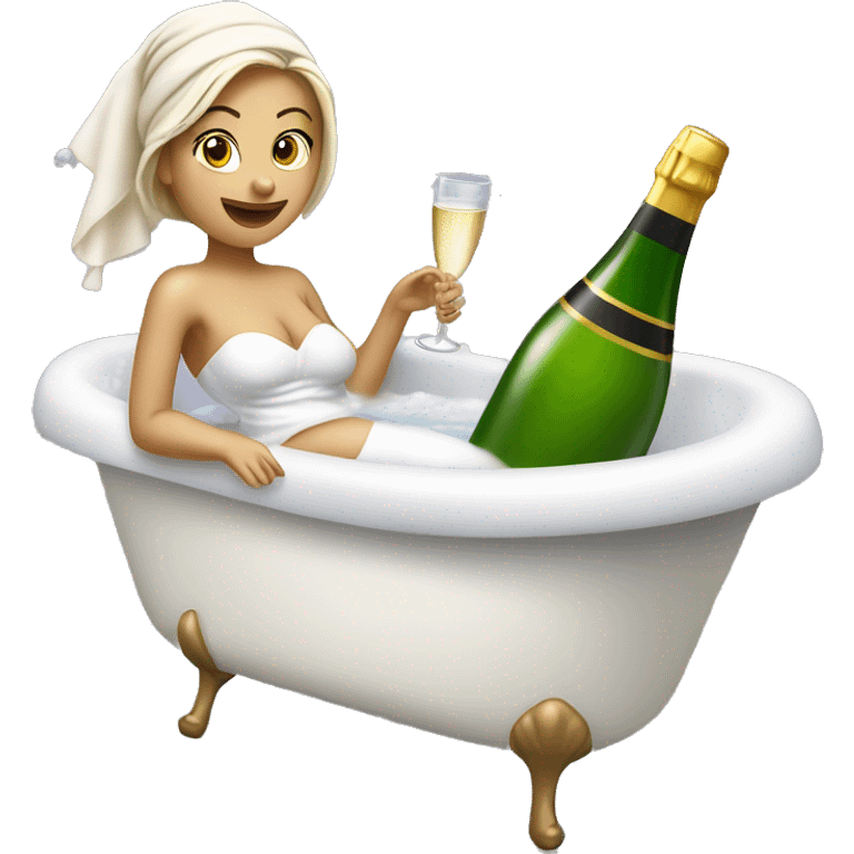 Girl with white towel wrapped around hair holdingl a champagne glass and bottle in black high heels kicking feet out in bubble bathtub  emoji