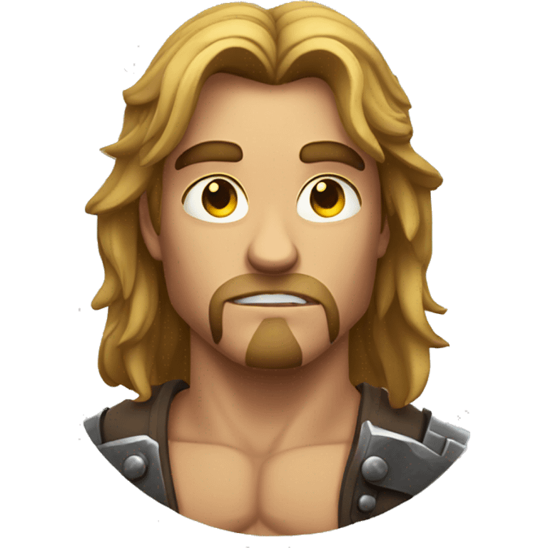 Muscular man with axe, looking off into the distance, long hair and eyes are small  emoji