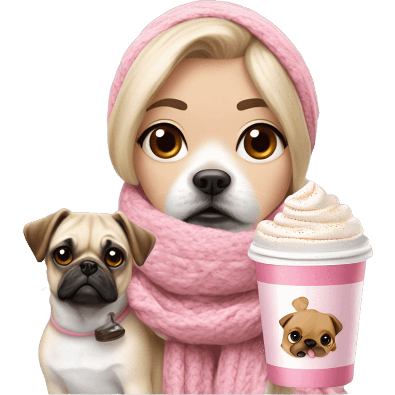 Blonde girl with white scarf pink jumper cup of hot chocolate, marshmallows a flake and cream. With a jack russel mix pug brown dog emoji