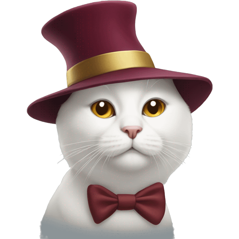 white cat with a New Year's burgundy hat on his head emoji