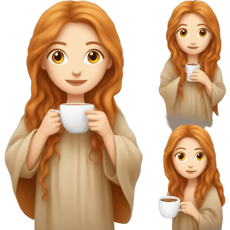 A pretty white girl with very long ginger hair  in a beige blanket sipping coffee emoji