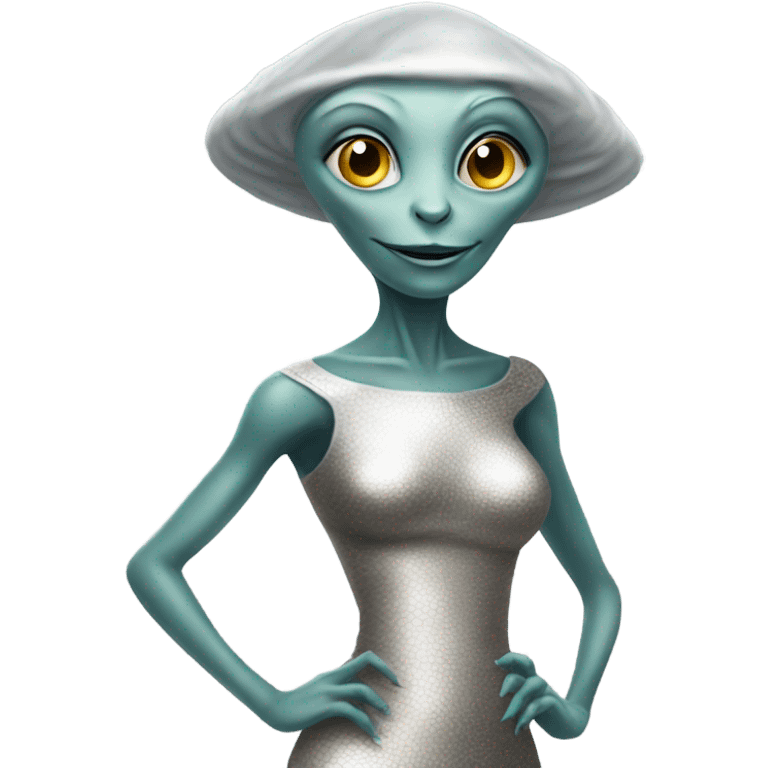 Alien reptilian woman, in silver dress, full figure, working emoji