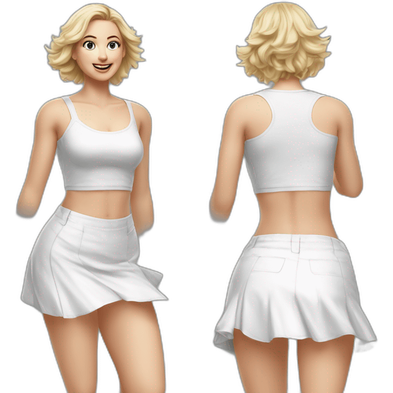 Hyperrealistic Full body Caucasian curvy beauty jumping short white skirt back and front views strong wind knickers long white socks emoji