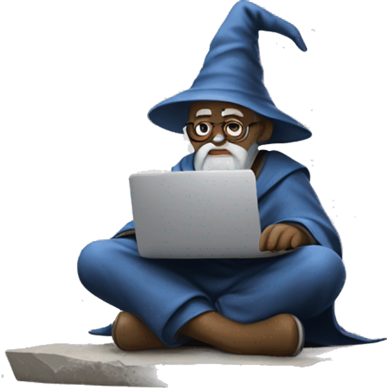 Wizard sitting cross legged and doing deep work on a macbook emoji