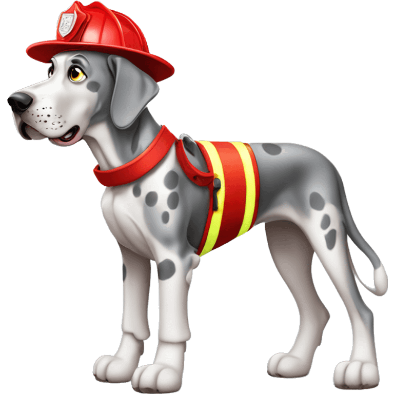 Merle grey Great Dane wearing a red fire fighter hat  emoji