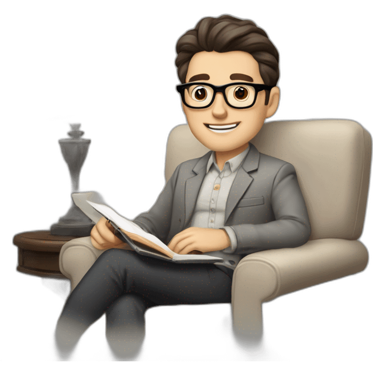 Pale skinned Fit Man With dark brown hair in gray jacket, beige office shirt and vintage glasses sitting In a soft chair with a notebook with emblem Ψ and a pen in his hands emoji