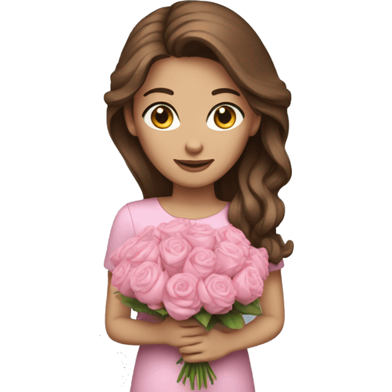 Woman brown hair blue eyes with pink bouquet  emoji