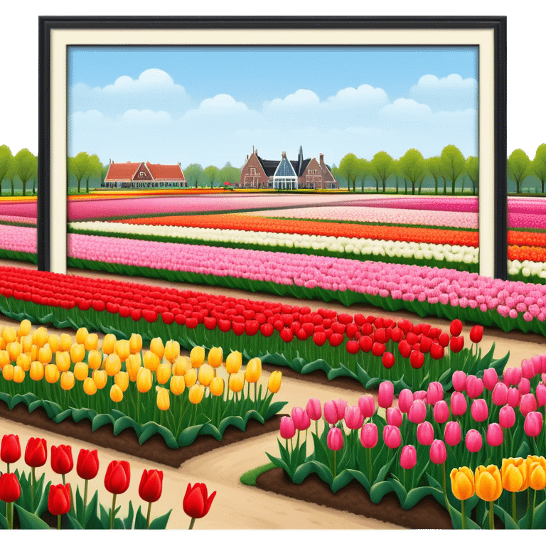 Cinematic Realistic Keukenhof Gardens Landmark Emoji, showcasing expansive tulip fields rendered with crisp, lifelike detail and radiant lighting. emoji