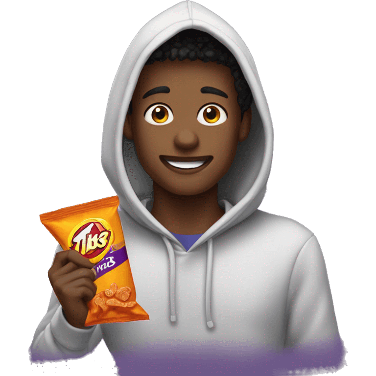 student wearing a hoodie eating takis emoji