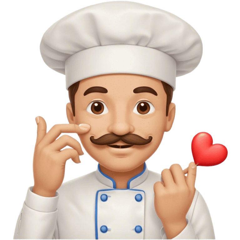 Mustachioed chef with smiling eyes kissing his pinched fingers with a heart emoji emoji