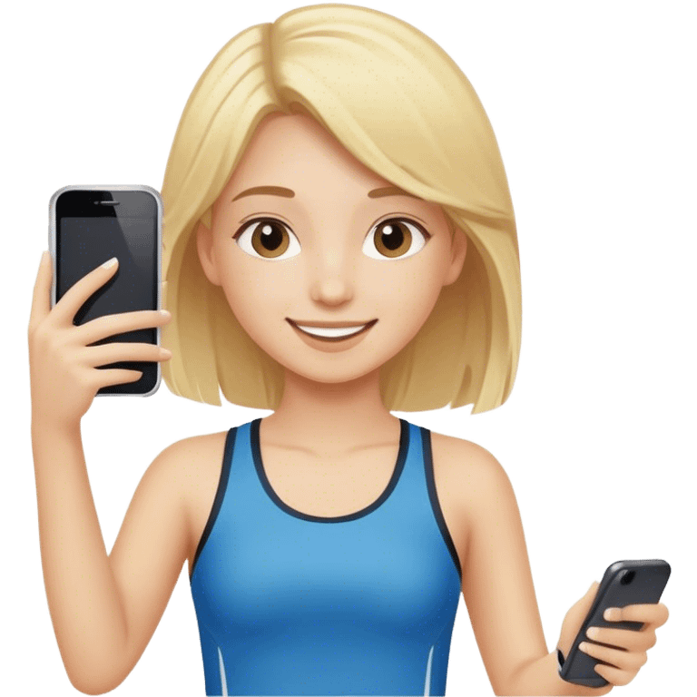 happy girl with blond hair and sports clothes take a photo with her phone emoji