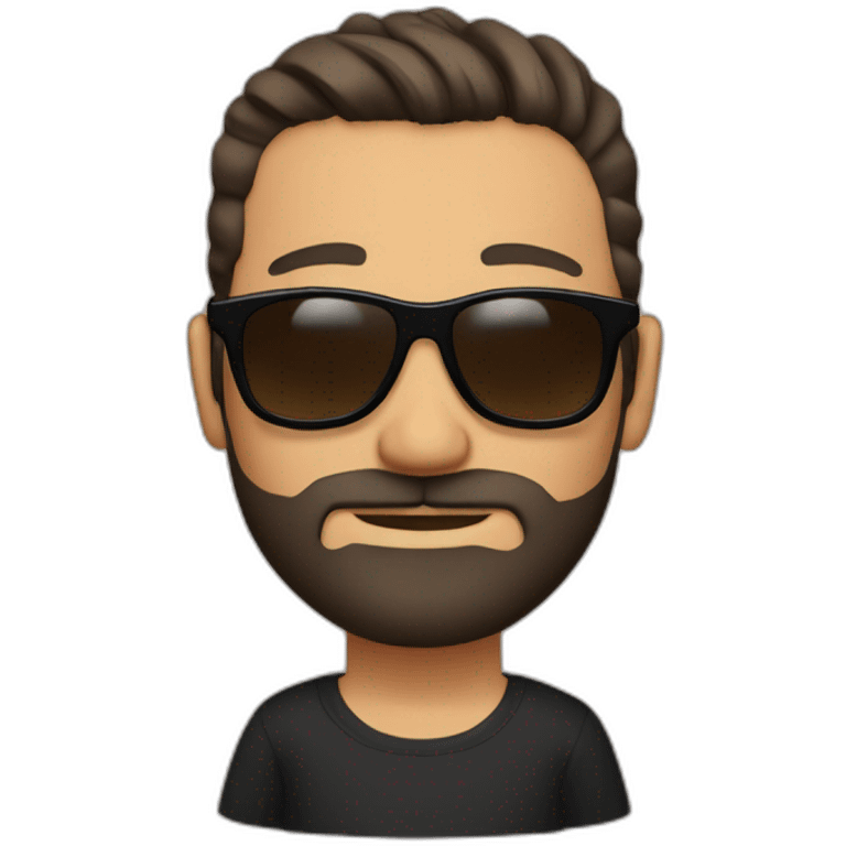 Short brown hair slicked back, brown sunglasses, black beard, black t-shirt. emoji