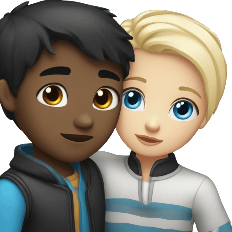 black hair girl with blue eyes kiss and hug boy with blonde hair and black eyes emoji