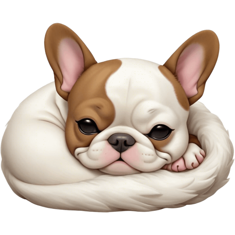 Meme-Worthy Cute Sleeping Pied French Bulldog Portrait Emoji, Head resting peacefully with a gentle, contented smile and eyes softly closed in serene repose, showcasing a distinctive pied fur of contrasting hues and a lovable, relaxed expression, simplified yet irresistibly adorable, highly detailed, glowing with a soft, drowsy radiance, high shine, exuding calm, endearing charm, styled with a gentle, soft glowing outline, capturing the essence of a sleeping Pied French Bulldog that appears destined to be the next viral symbol of adorable, sleepy delight! emoji