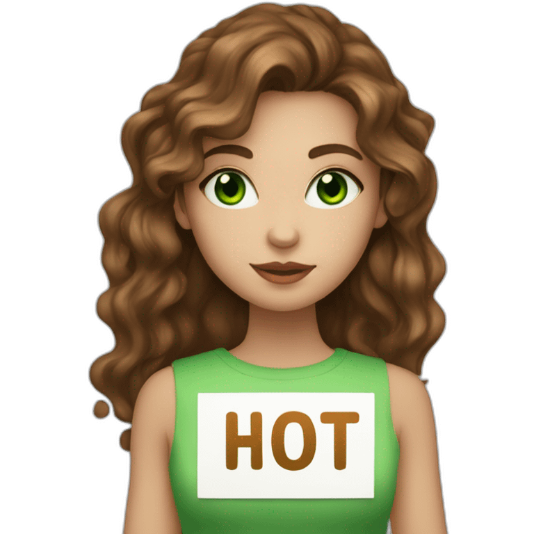 Girl with wavy brown hair and green eyes holding a sign that says “hot” emoji