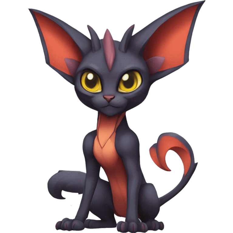 Black cool vampiric Noivern-Litten-Sphynx-Lykoi-Caracal-Fakemon with big bat ears full-body emoji