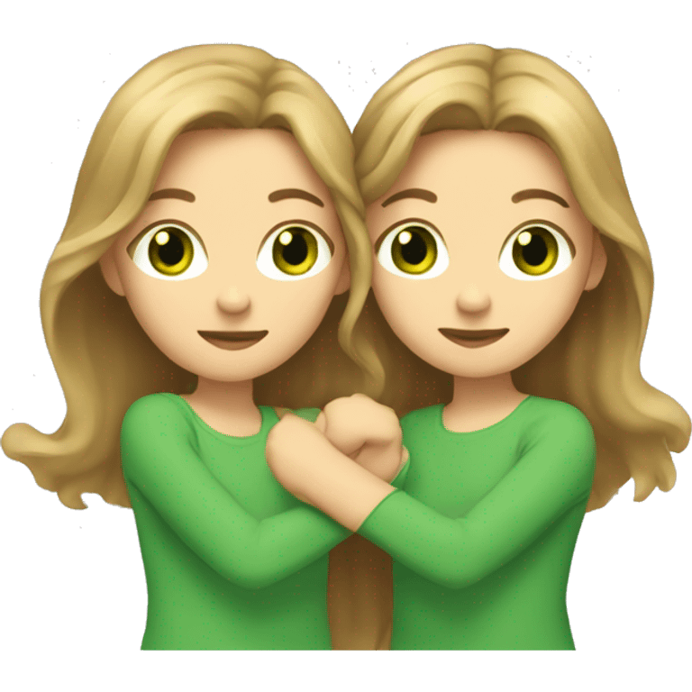 two girls with light brown hair and green eyes hugging emoji