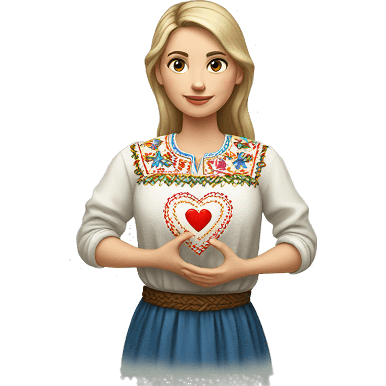 A Ukrainian woman in an embroidered shirt holds a heart in her hands emoji