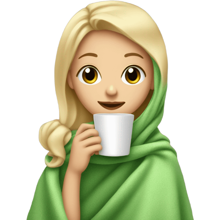 Blonde girl sipping coffee under blanket green eyes and rosy cheeks emoji