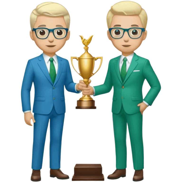 Full Body white  2 x male  wearing glasses with a goatee with light blonde and gray very short hair basketball head Coach in blue and green suit holding trophy emoji