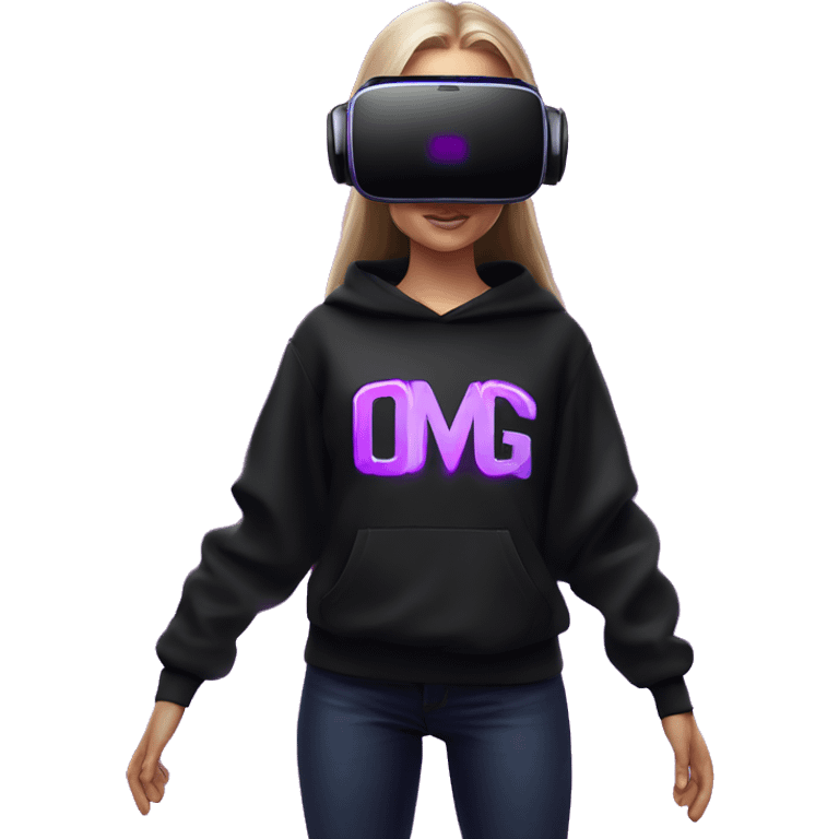 Russian girl wearing black hoody with violet letters "OMG", in vr headset oculus quest2. Standing like jedi. Cyberpunk style. Violet neon. emoji