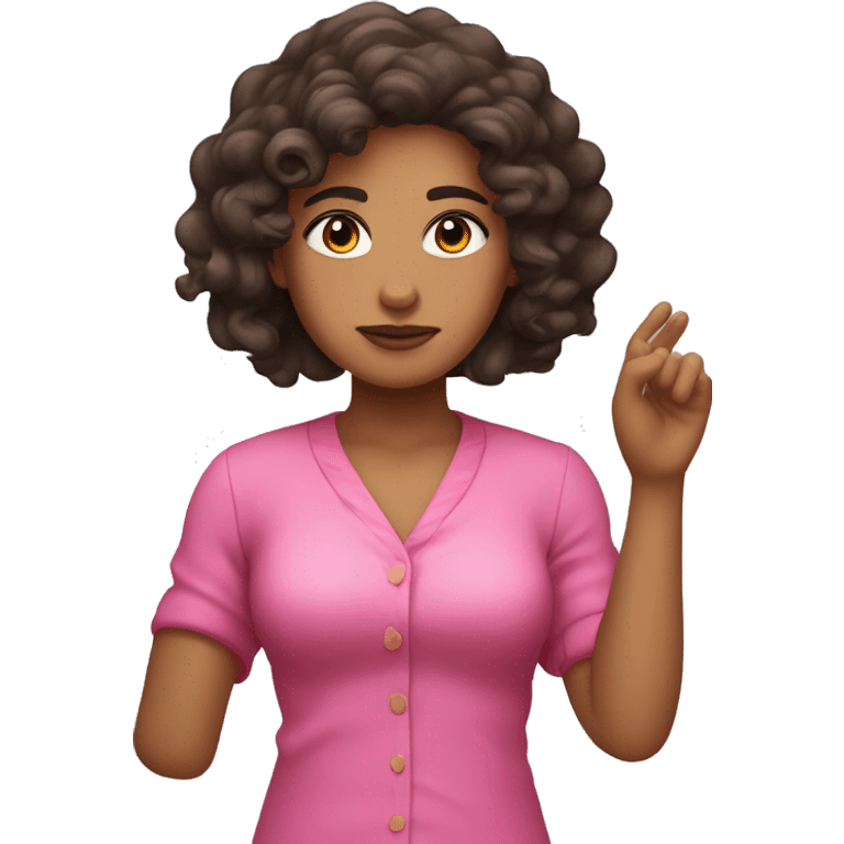 	Light-skinned, wavy-to-curly dark brown hair, pink outfit, serious face, hand raised in “stop” gesture, bow in hair. emoji