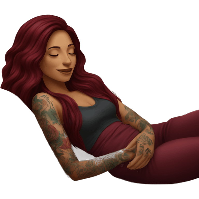 Beautiful tattooed burgundy long haired woman napping on sofa emoji