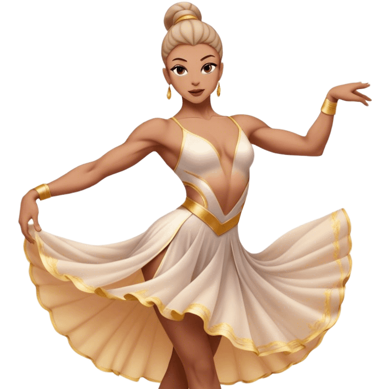 Cinematic Realistic Dance Poses, an elegant dancer mid-motion, muscles tensed with control, soft fabric of their attire flowing with movement, dramatic lighting highlighting the graceful lines, glowing with passion and poise. emoji