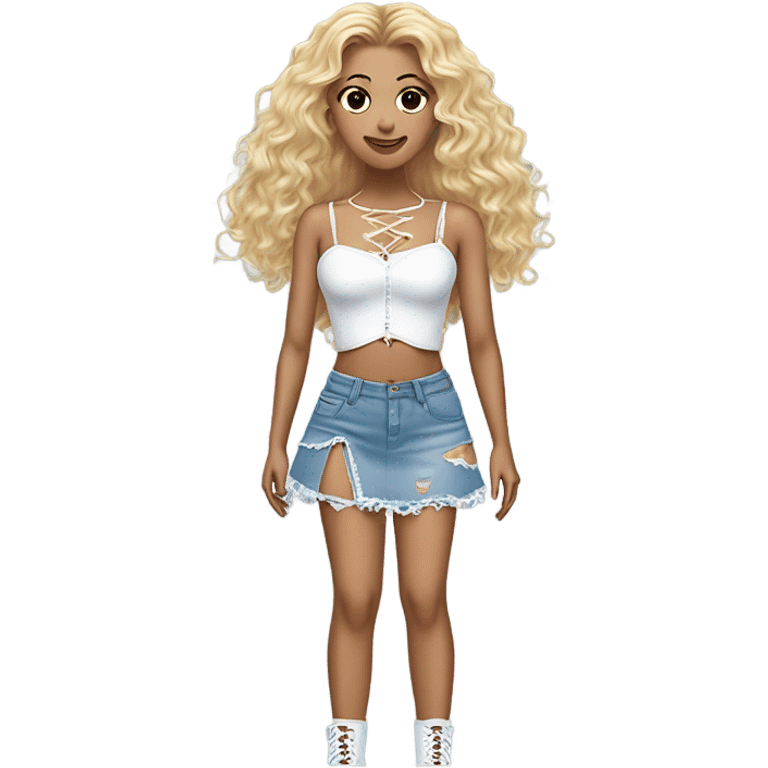 Glinda wearing ripped jeans and short skirt and a Shakira lace up croc top  emoji