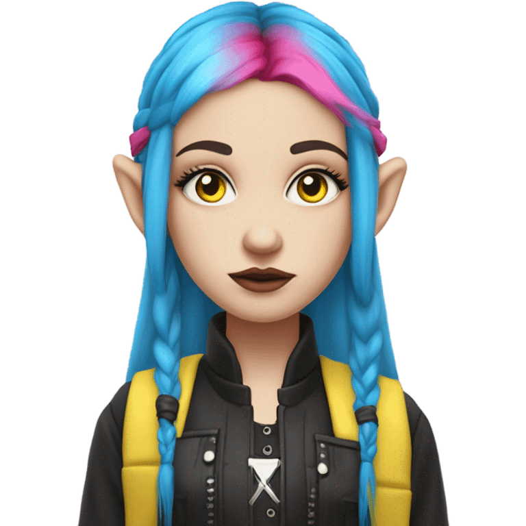 Blue eyed long eye lashes pout blonde and pink hair pale hime gyaru girl, hot pink and yellow split-dyed hair, nose ring, elf ears, dark makeup, punk clothes emoji